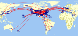 Map of American Airlines flights flown by JT Genter across seven years
