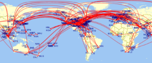 Screenshot of flight map showing 737 flights crossing much of the world with the United States unintelligible due to the number of flights.