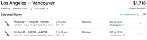 Cash price for American Airlines business class round trip flight from Los Angeles (LAX) to Vancouver (YVR) for $1,718 USD via Google Flights.