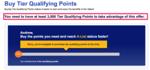 Buy TQPs with Southwest Rapid Rewards error message