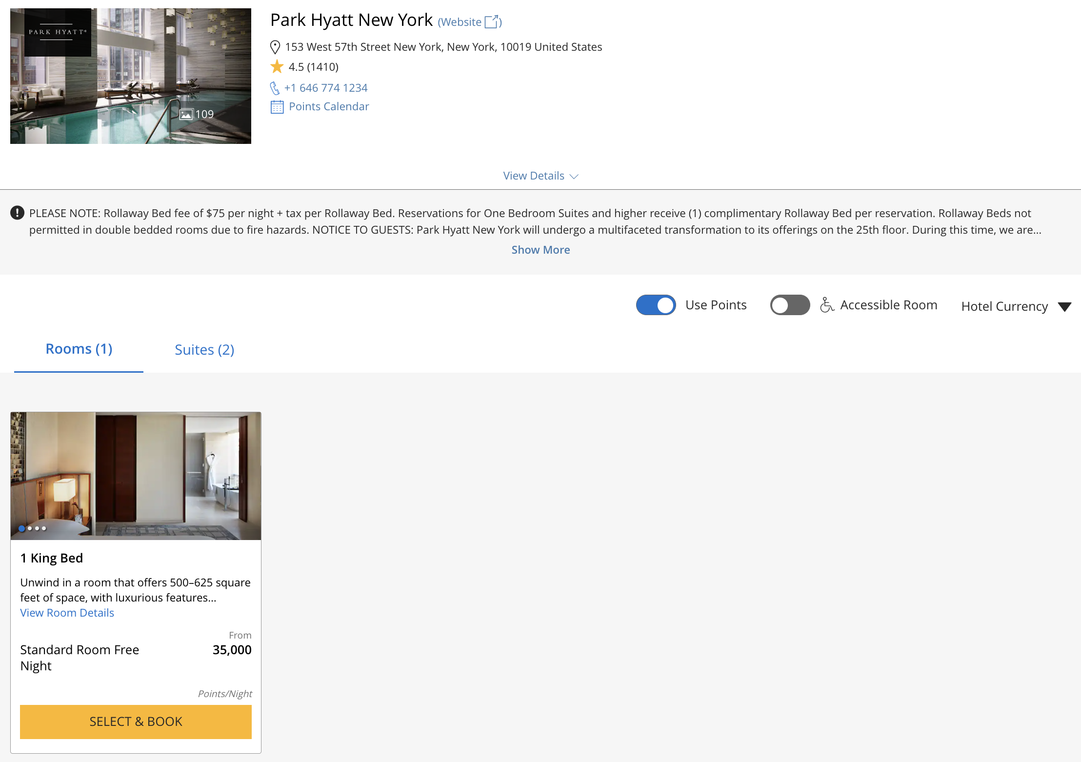 Night at the Park Hyatt in NY for 35K points.
