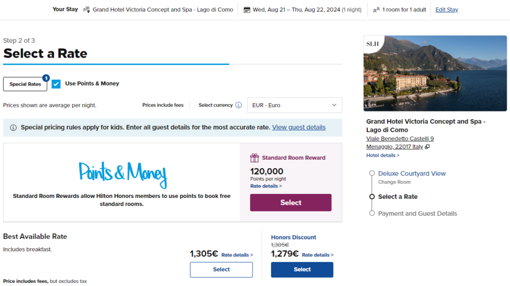Points booking screen for example SLH property.