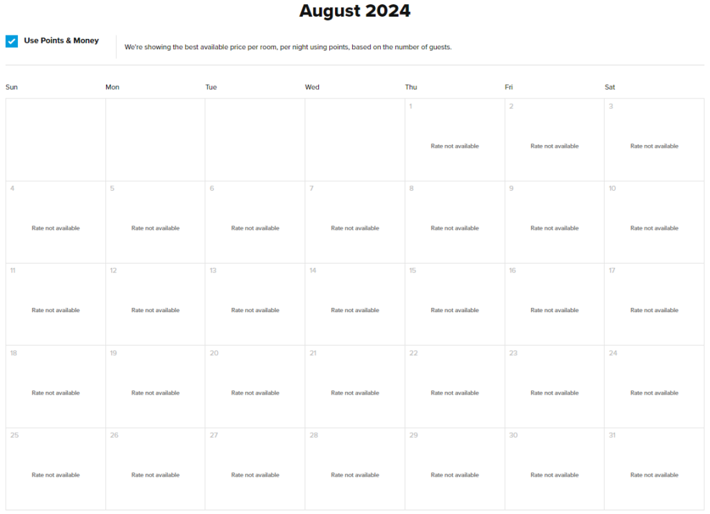 Empty points calendar for SLH example property.