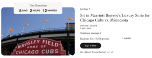 screenshot of marriott bonvoy moments package to buy chicago cubs suite tickets