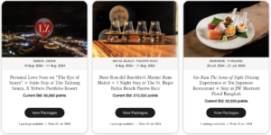 Marriott Bonvoy moments showing three dining packed that can be bid on