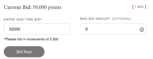 Marriott Moments bid options showing a current bid of 50,000 points