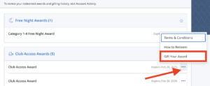 Screenshot of the Hyatt website showing free night and club access awards earned along with a red box surrounding how to gift the award