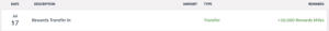 screenshot of 50,000 capital one miles having been transferred into an account