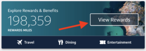 Capital one rewards with a 198,359 balance and a red arrow pointing to "view rewards"