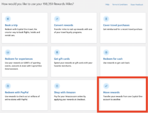 Capital One rewards screenshot with a red box around "move rewards" 