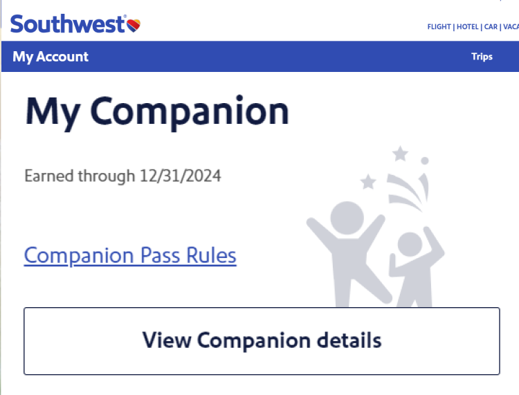 Screen shot of the companion pass designation page on Southwest airlines webpage
