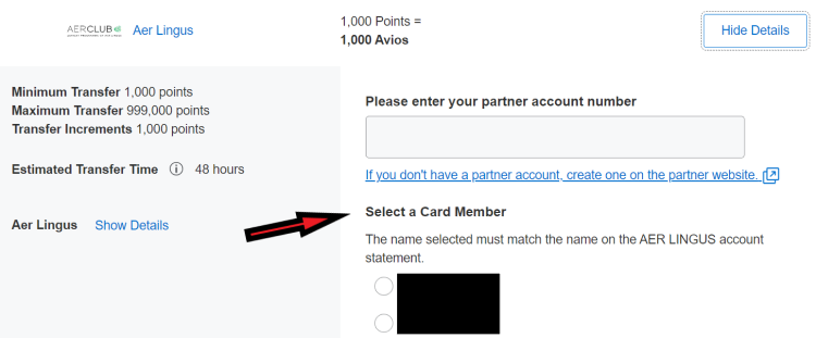 A screen shot from American Express shows how to transfer membership rewards to an AU's loyalty account.