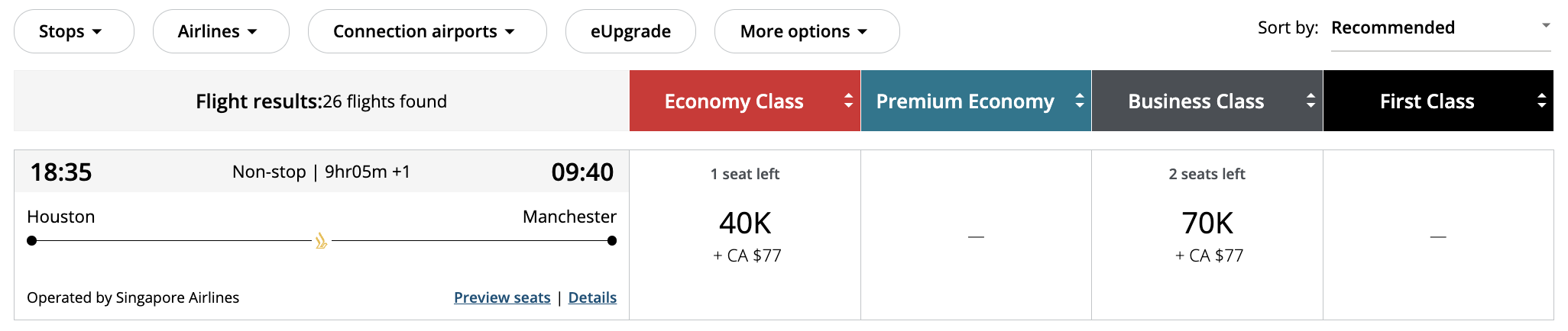 Aeroplan award on Singapore Airlines from IAH to MAN.