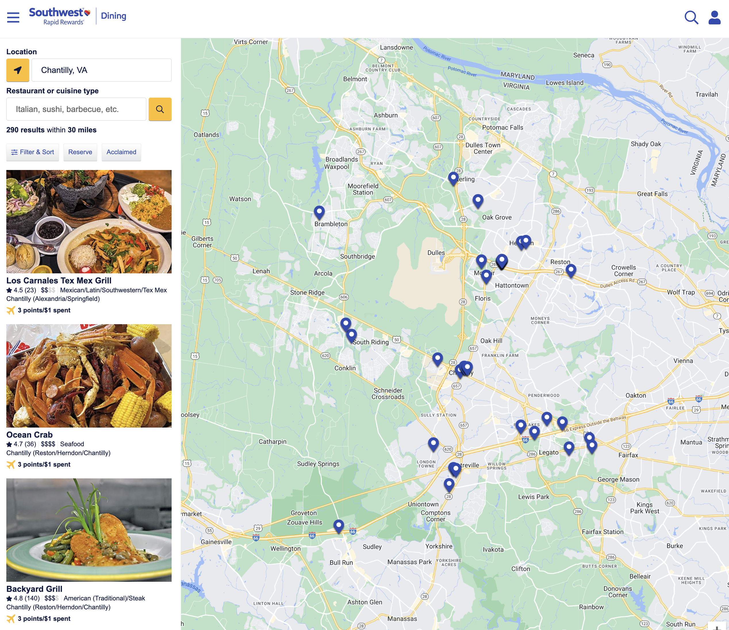 Southwest Rapid Rewards participating restaurants in Chantilly, VA.