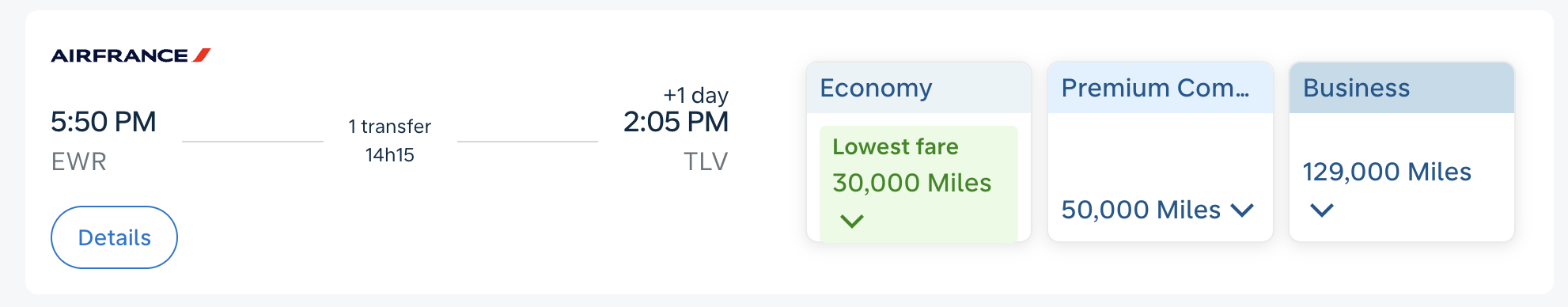 Air France flight from EWR to TLV bookable with Flying Blue miles.