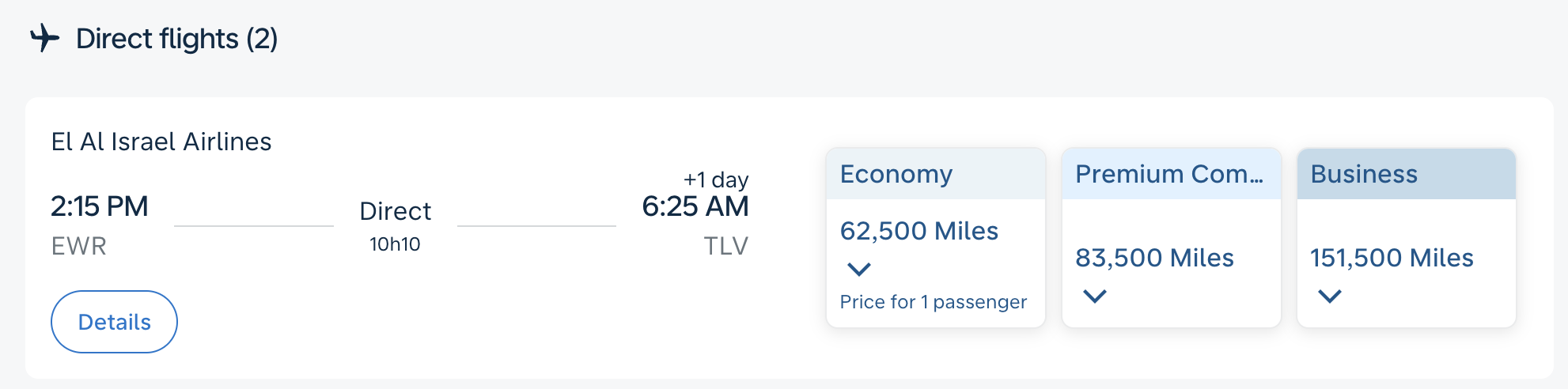 El Al flight from EWR to TLV bookable with Flying Blue miles.