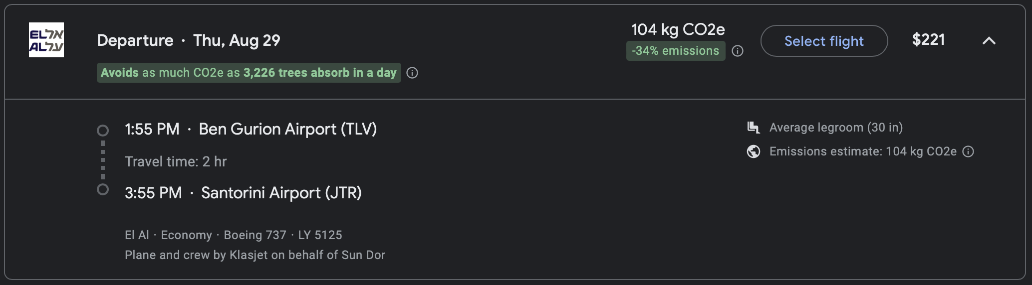 El Al flight from TLV to JTR available for $221 per way.