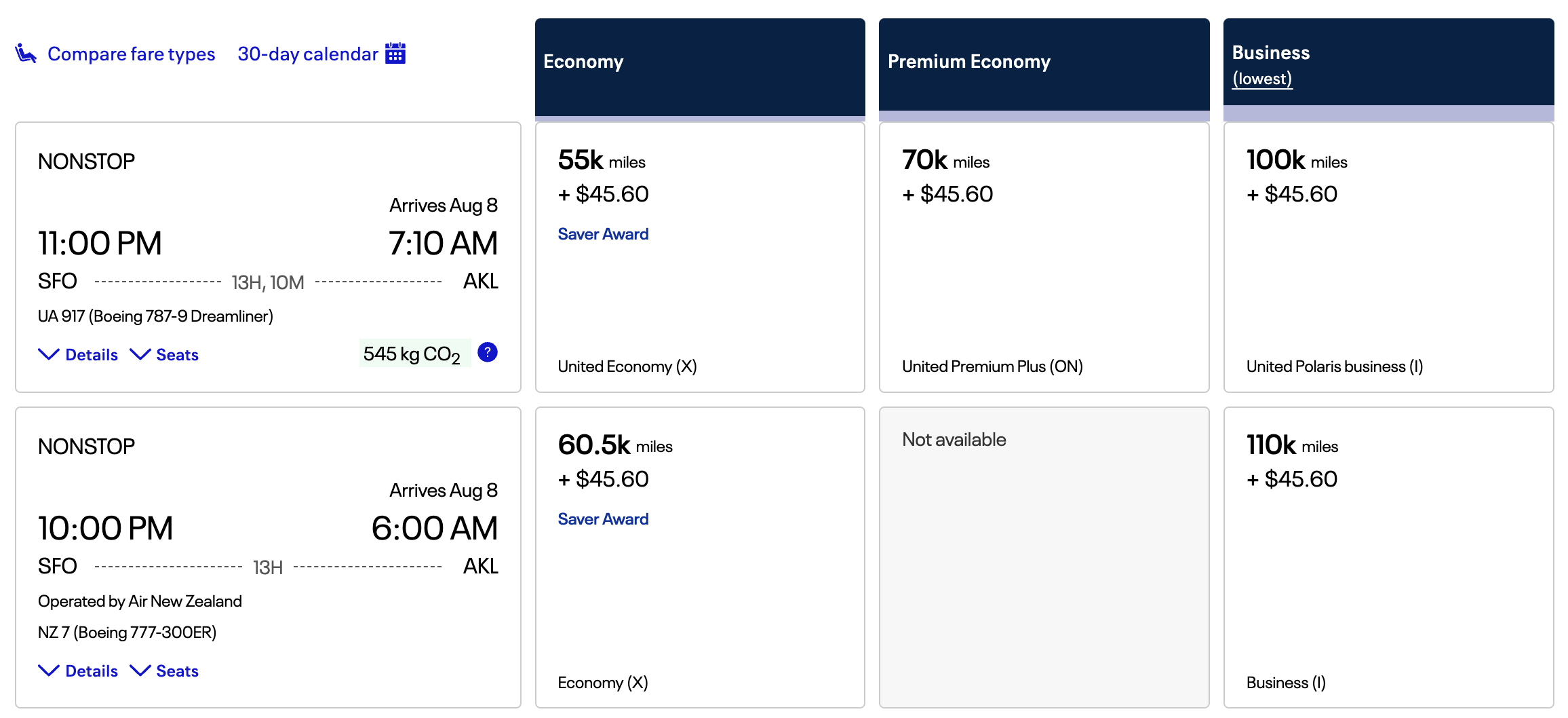United and Air New Zealand awards from SFO to AKL.