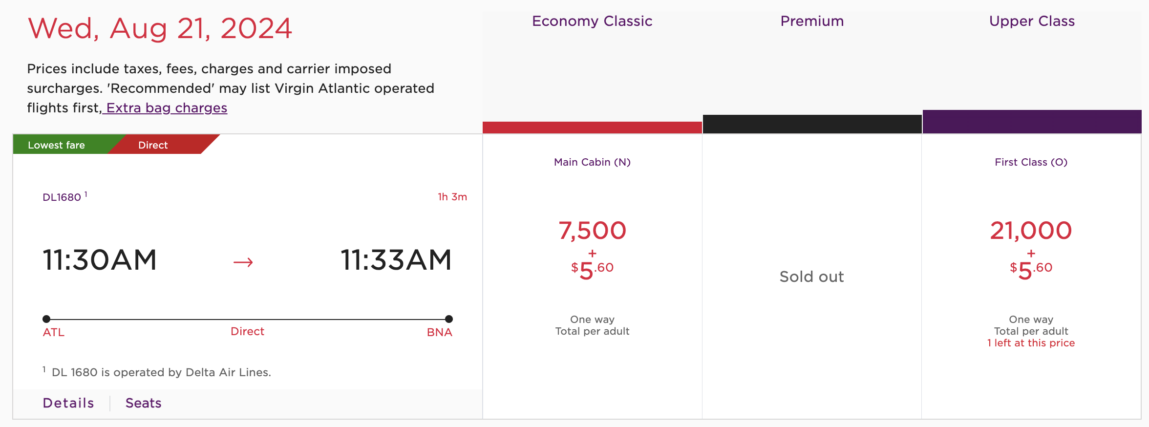 ATL to BNA for 7.5K Virgin points.