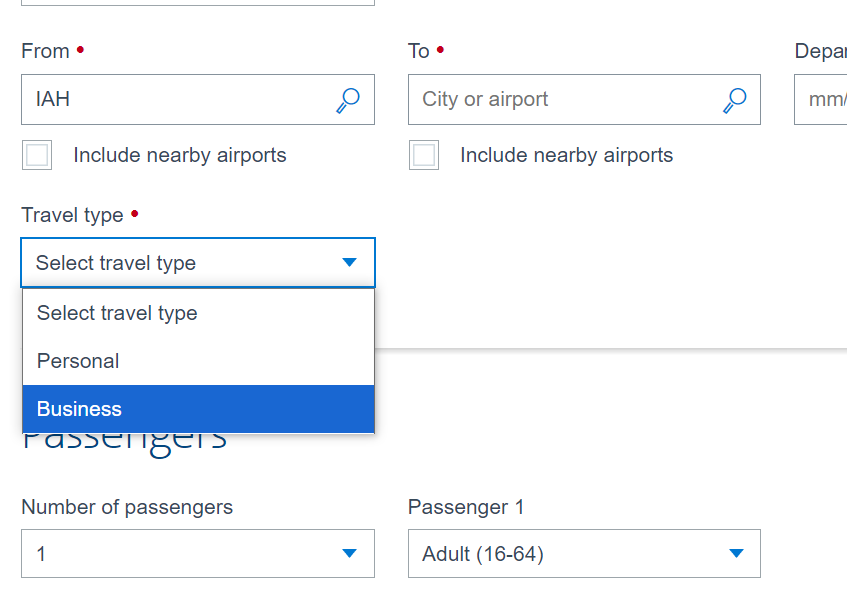 Booking screen from American Airlines