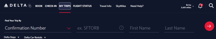 Screen shot from the Delta website showing where to search for My Trips.