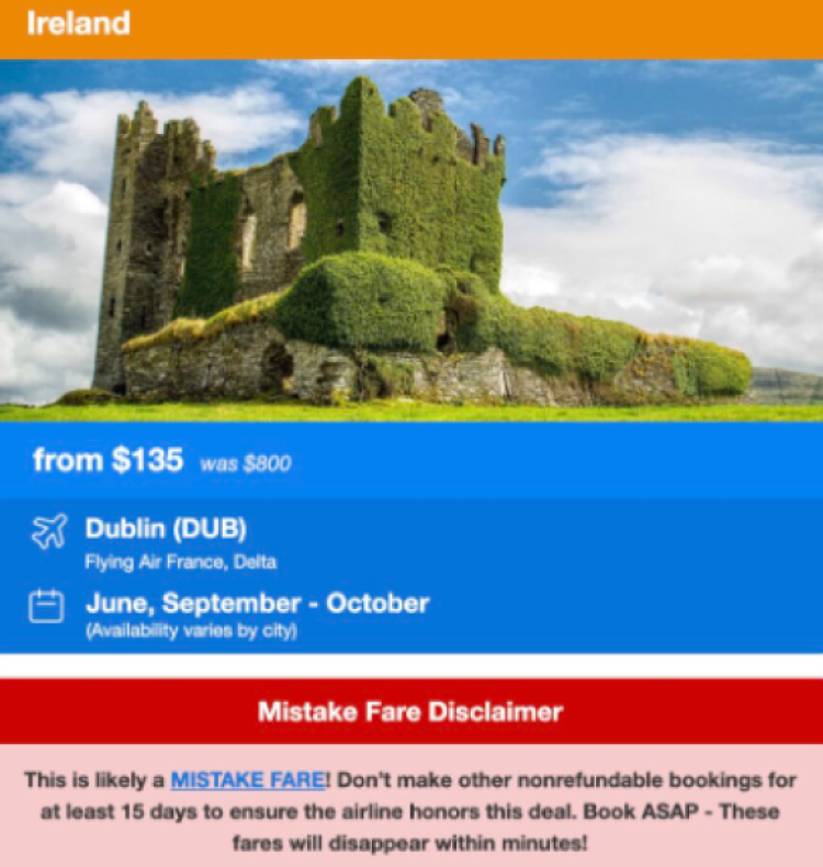 Thrifty traveler mistake fare alert to Dublin