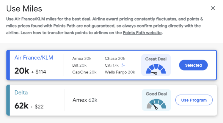 A screen shot shows Points Path mileage information such as which program you can transfer your points from.