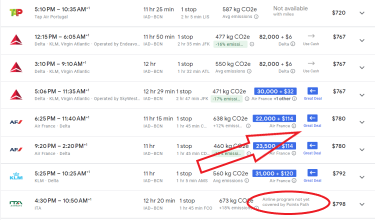 A screen shot shows a Google Flights search from IAD to BCN with the Points Path browser extension