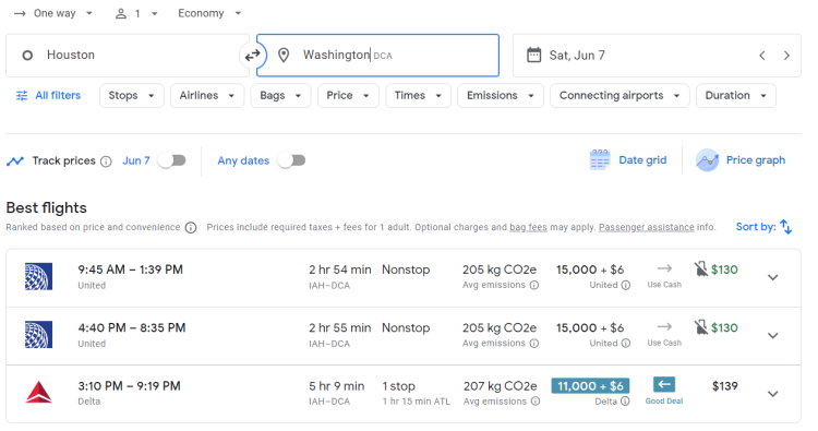A screen shot shows a Google Flights Search with the Points Path browser extension