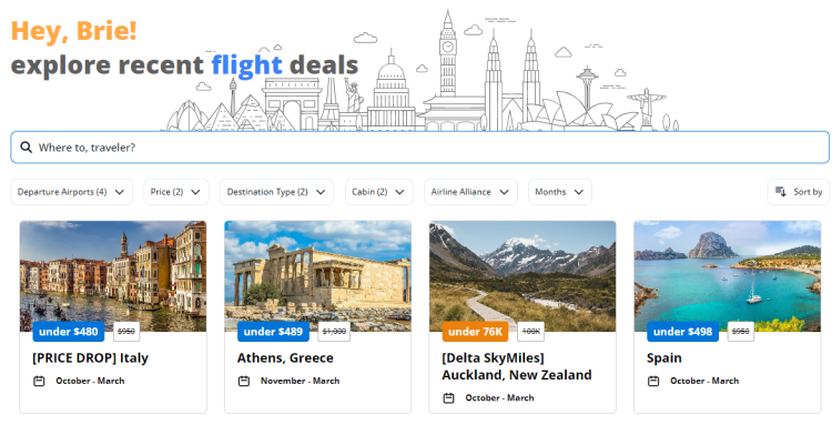 A screen shot from Thrifty Traveler Premium shows flight deals that are available.