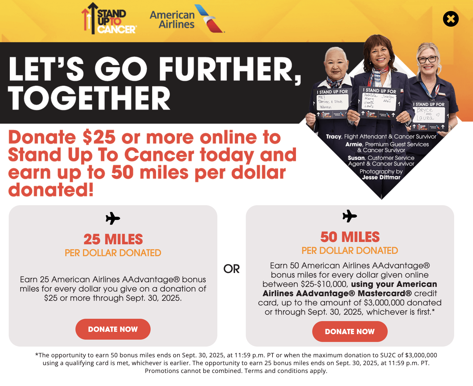 Bonus AA miles promotion for Stand Up To Cancer