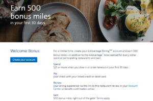 Screenshot of AAdvantage Dining bonus banner and terms