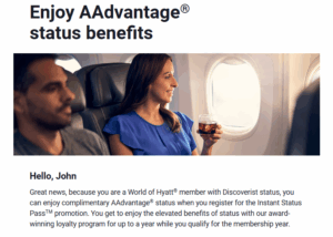 Screenshot of email from American Airlines to Hyatt Discoverist offering Instant Status Pass