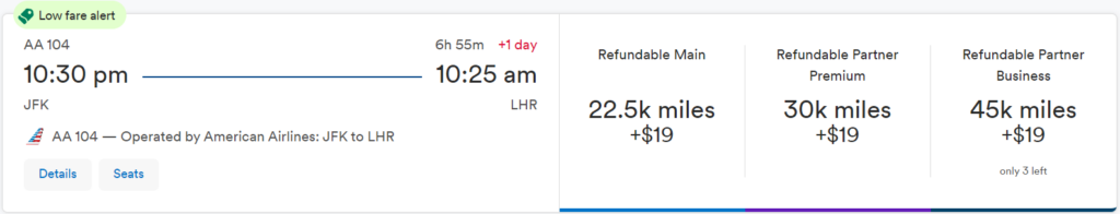 American Airlines flight from JFK to LHR bookable via Alaska Airlines