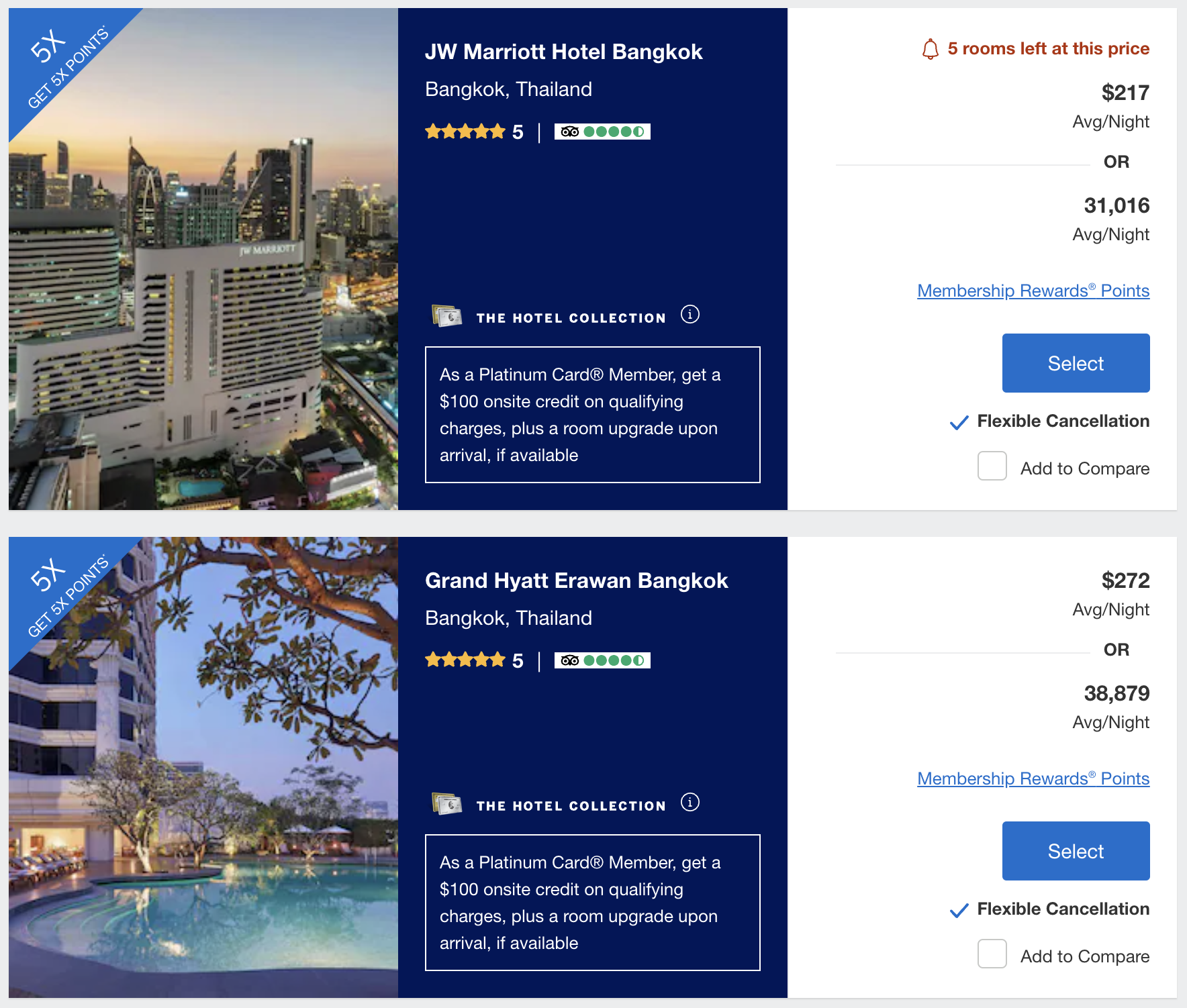 Amex Hotel Collection listings in Bangkok.