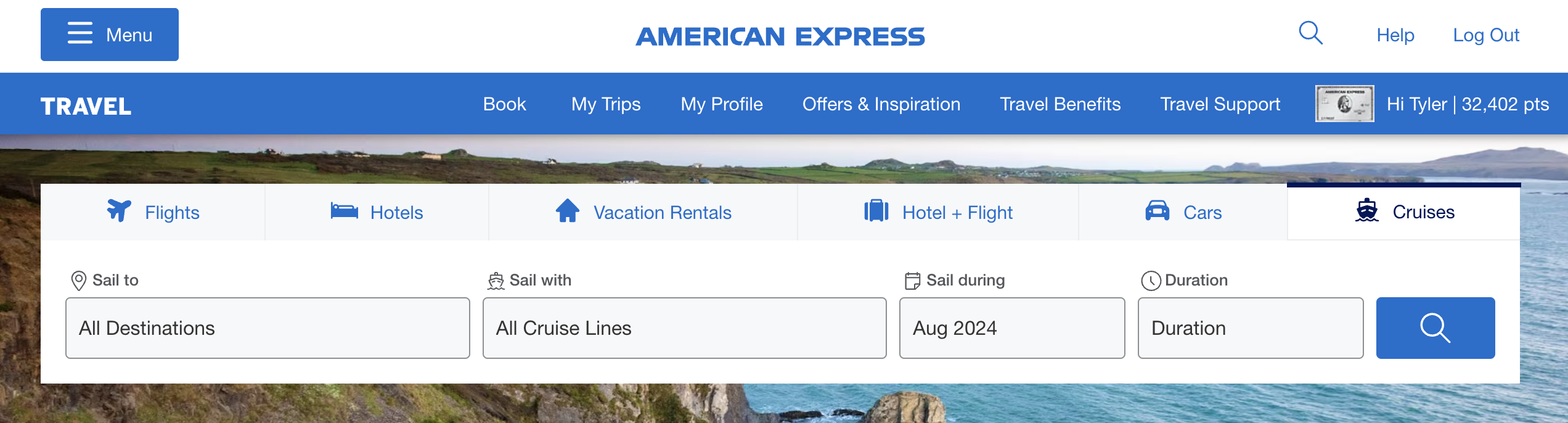 Amex Travel cruise booking widget.