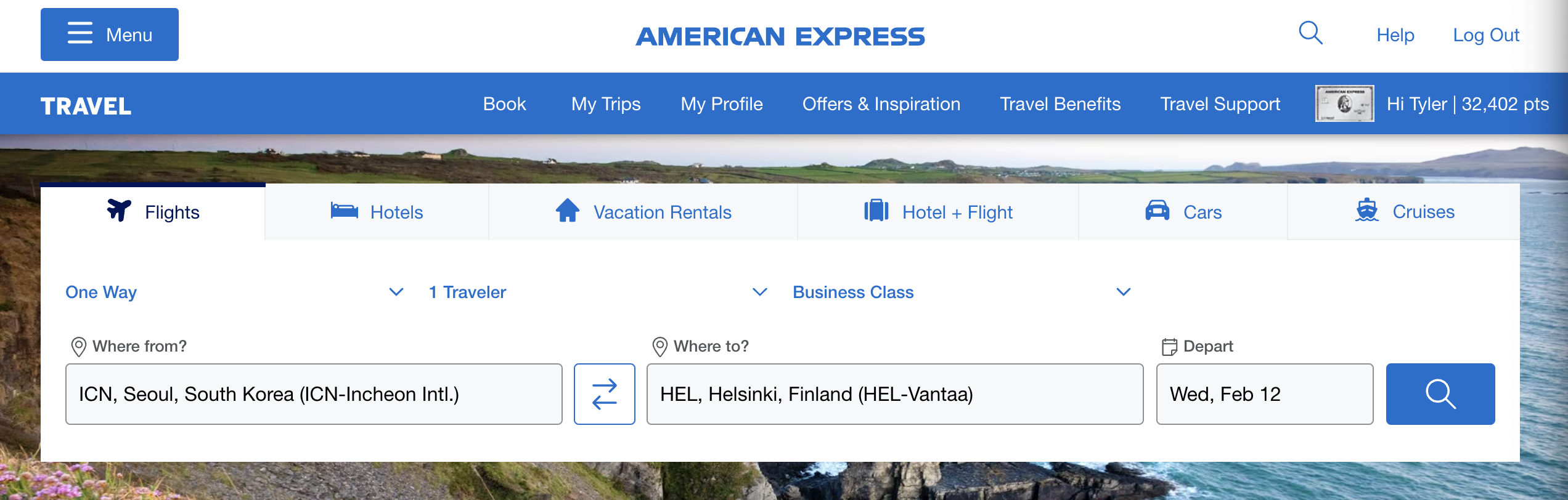 Amex Travel flight booking widget.