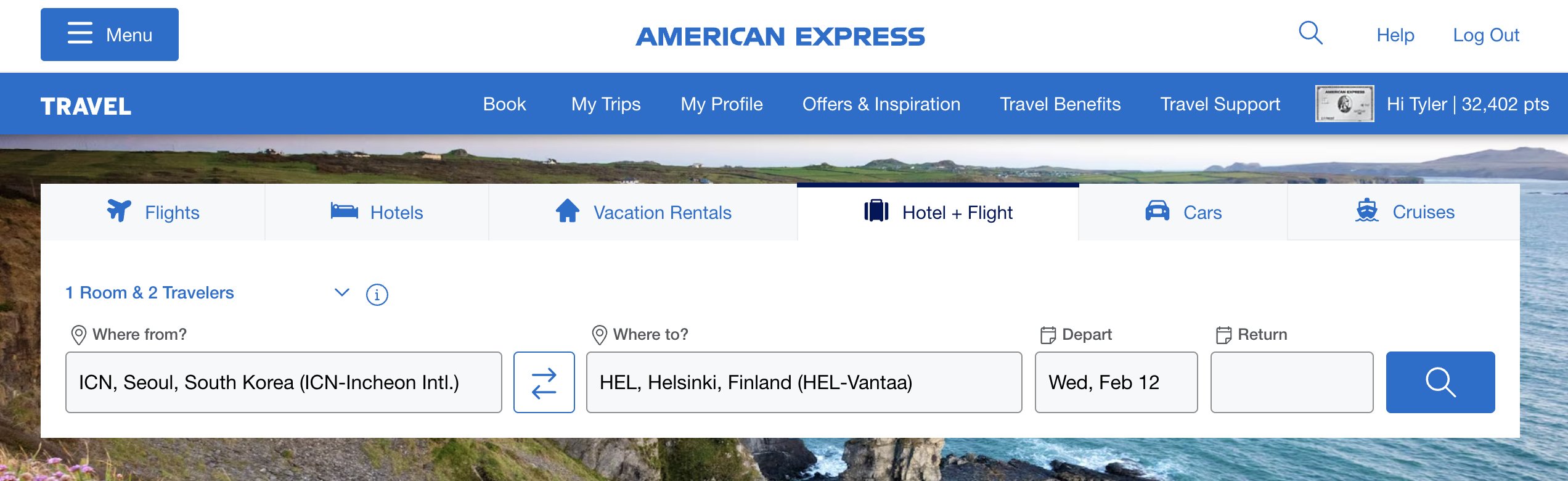 Amex Travel package booking widget.