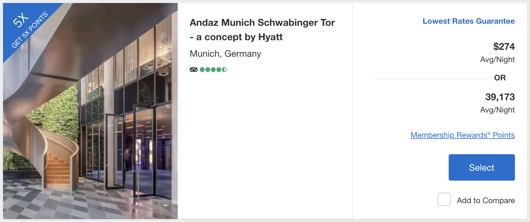Listing for the Andaz Munich Schwabinger Tor in Amex Travel.