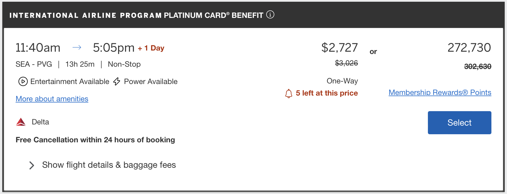 SEA to PVG in Delta business class bookable through Amex Travel.