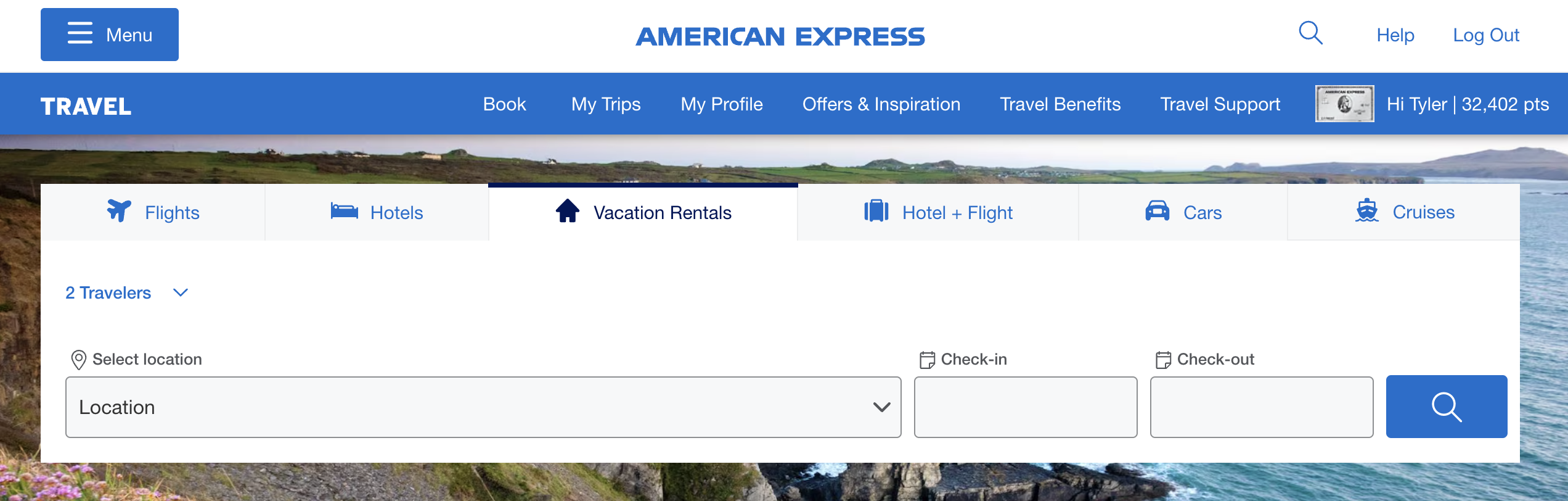 Amex Travel vacation rental booking widget.