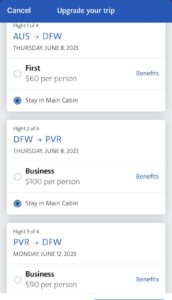 Screenshot showing American Airlines paid upgrade options from Austin to Puerto Vallarta via Dallas