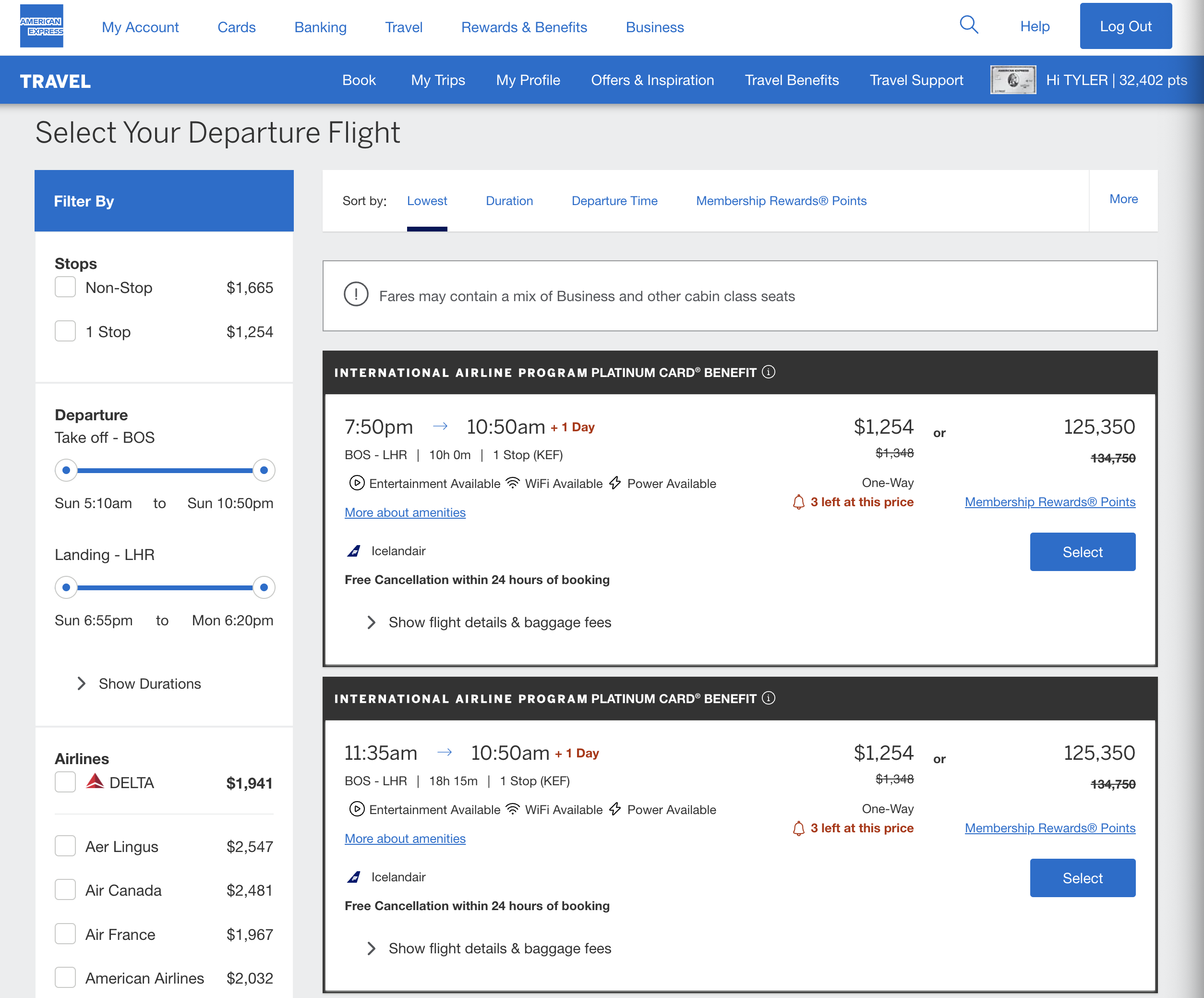 Amex Travel flight results.