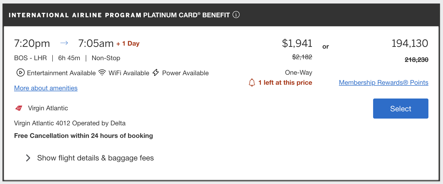 Booking through Amex Travel showing IAP benefits.