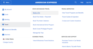 Screenshot showing link to book travel from American Express' website