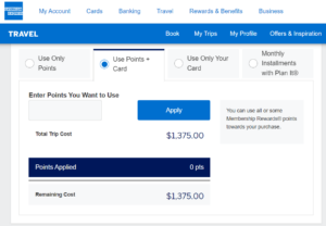 Screenshot of Amex Travel option to use points plus card