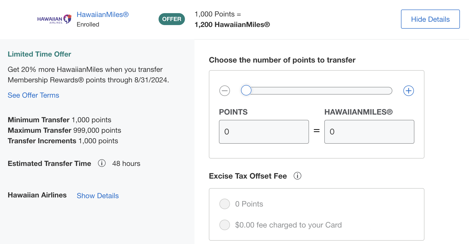 Amex-Hawaiian transfer bonus widget.