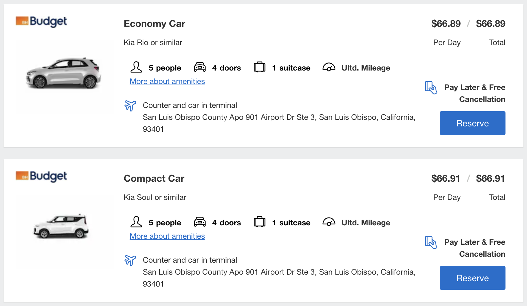Rental Car listings in Amex Travel.