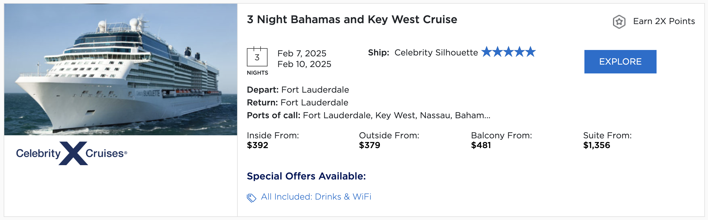 Listing for a Bahamas cruise in Amex Travel.
