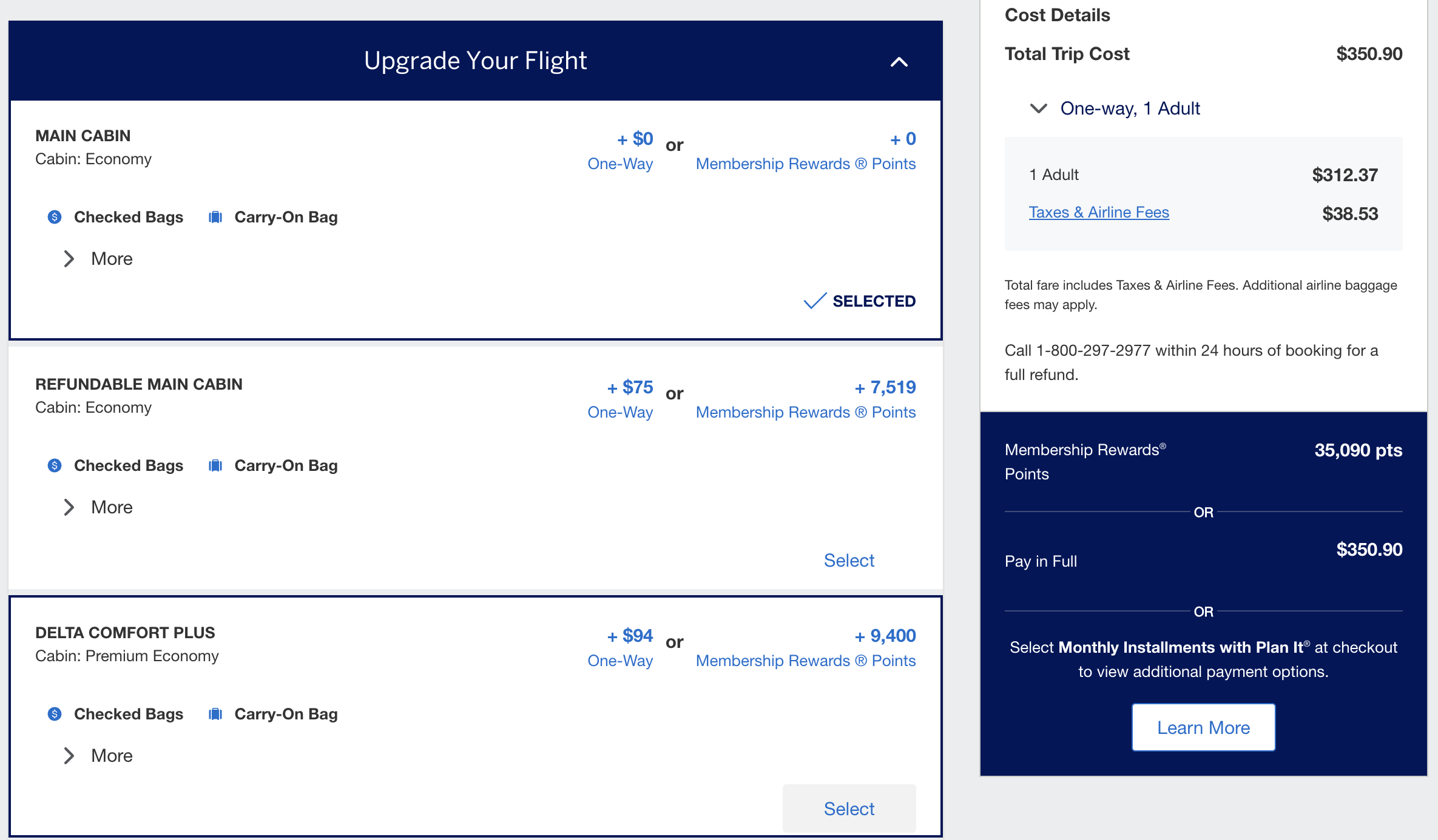 Amex Travel flight upgrade/pay with points screen.